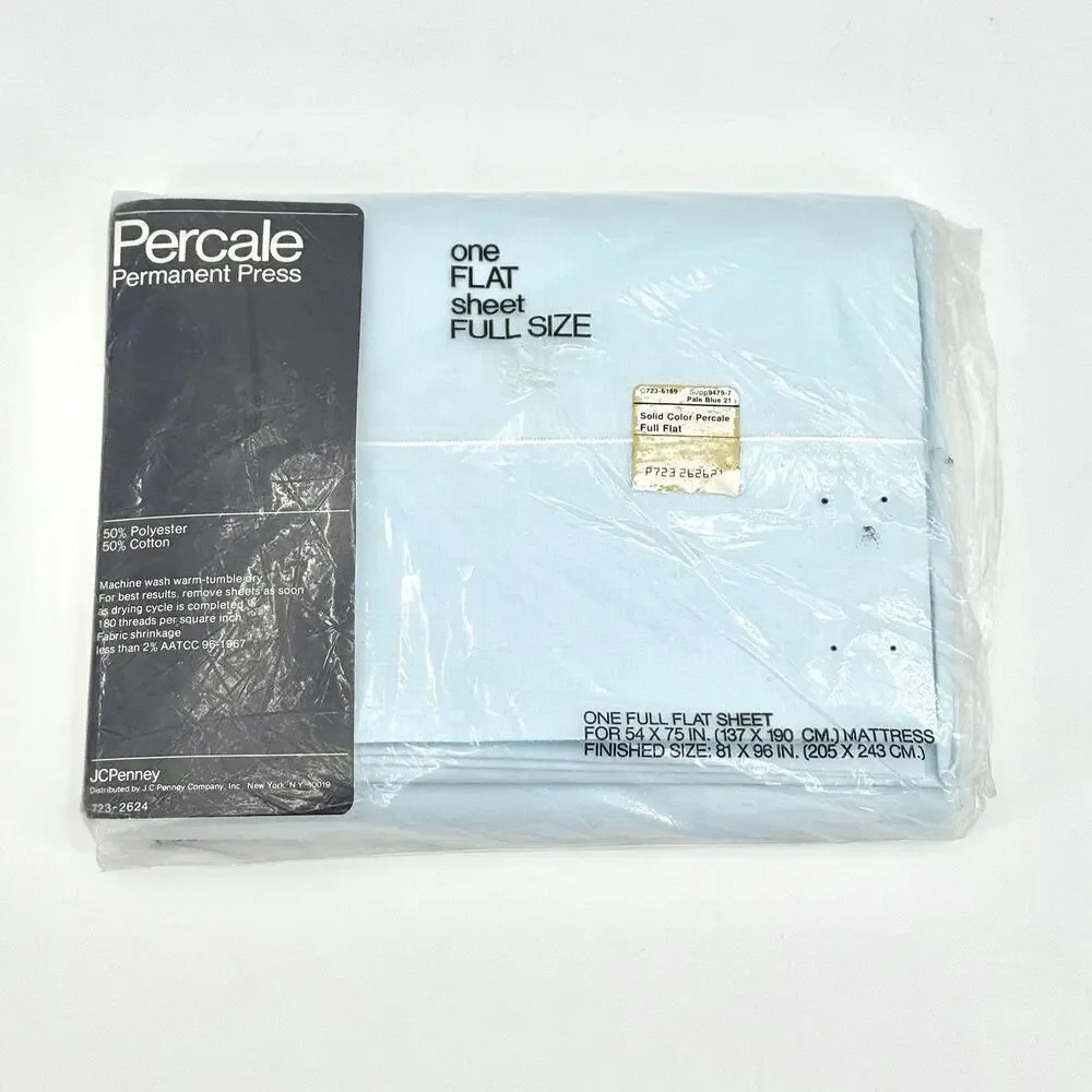 Vintage Percale Full Flat JCPenneys Pale Blue Sheet 50/50 Cotton Polyester